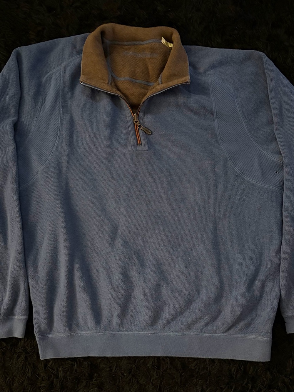 Tommy Bahama Men's Zip-Up Fleece Sweater in Blue with Brown Collar